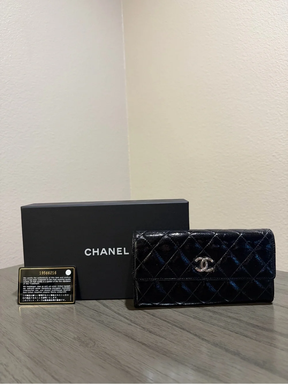 CHANEL Black Quilted Patent Leather Wallet with Silver CC Hardware